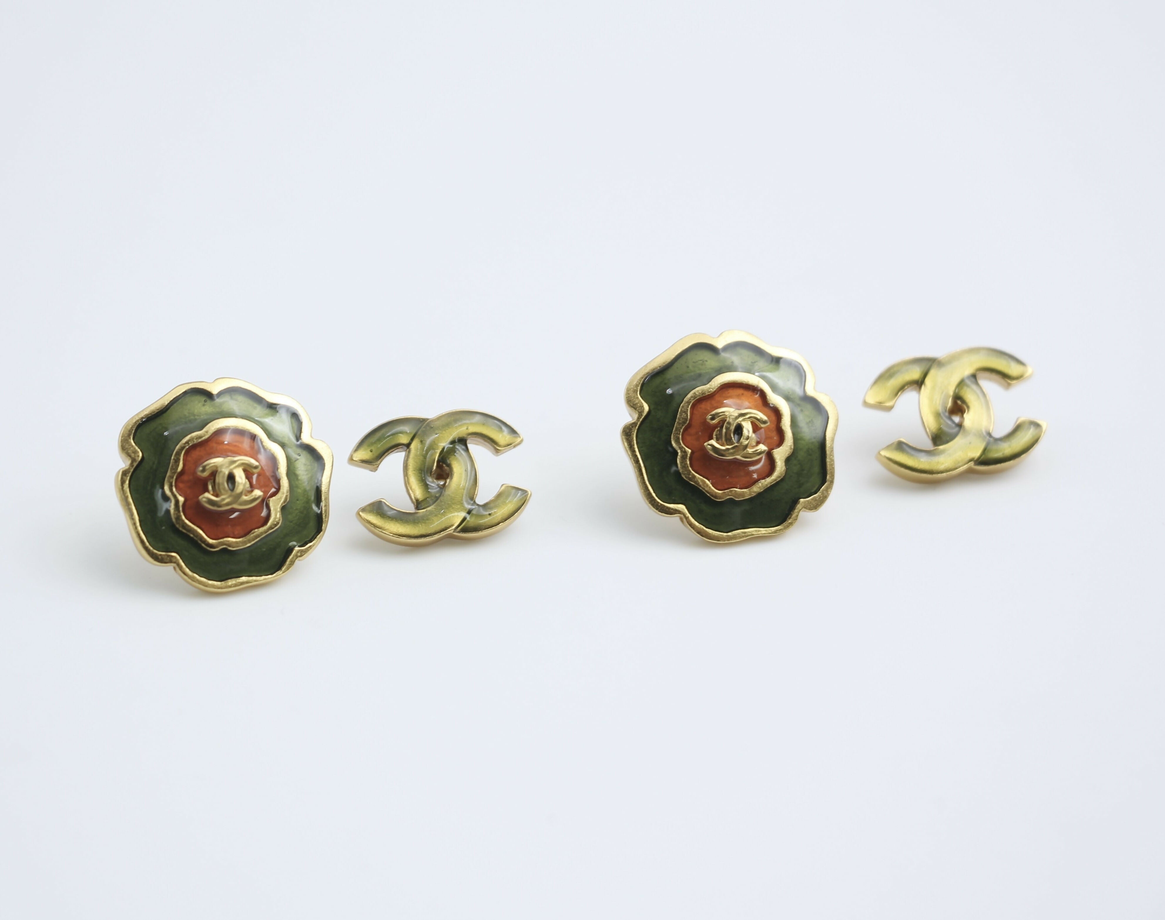 Chanel Vintage 03P Enamel Green and Red Flower Stacking Stud Earrings