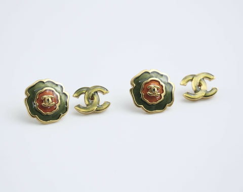 Chanel Vintage 03P Enamel Green and Red Flower Stacking Stud Earrings