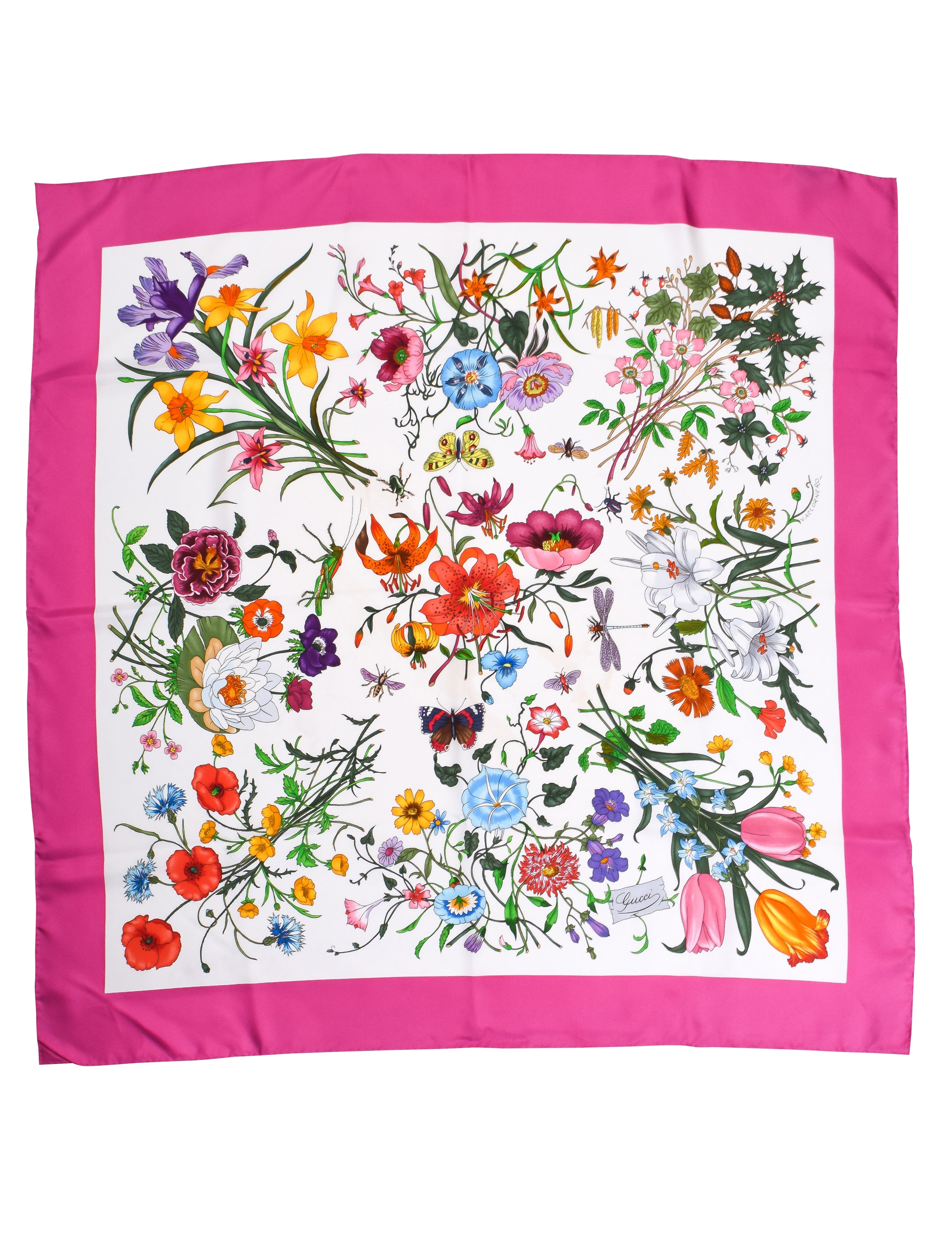 Gucci Iconic Flora by Vittorio Accornero Pink Border Silk Scarf