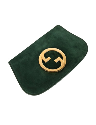 Gucci Vintage Original 1970s Green Suede Large Golden GG Logo Blondie Clutch Bag