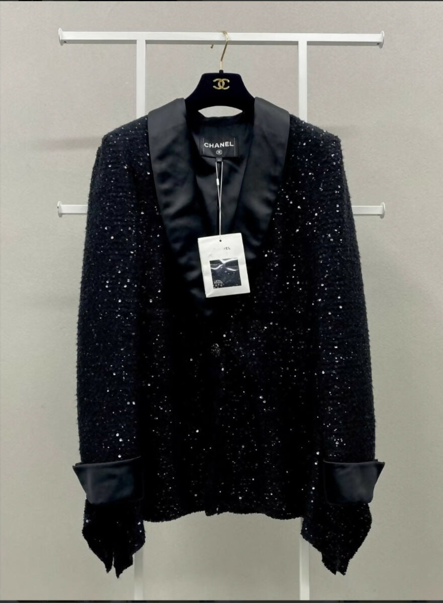 Chanel 18K Black Sequined Satin Lapel Jacket