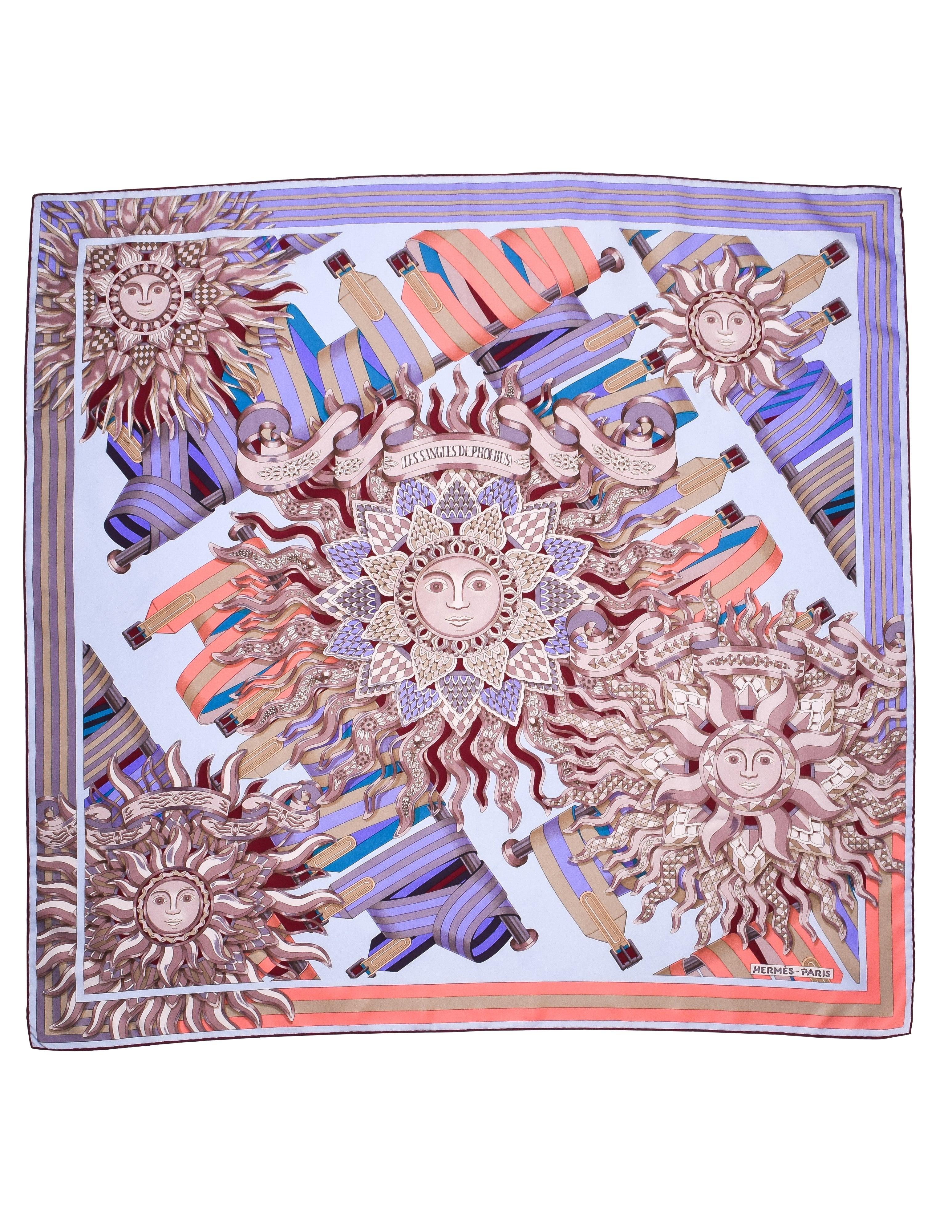 Hermes Vintage Le Sangles De Phoebus by Joachim Metz Pastel Sun Silk Scarf