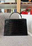 Vintage Hermes kelly 32 black shiny crocodile leather gold hardware