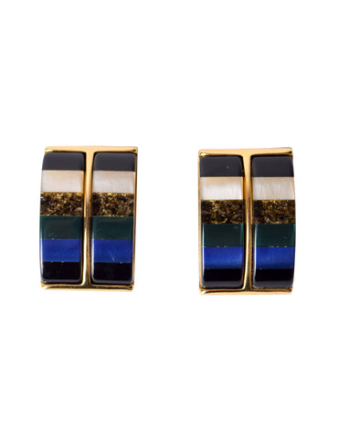 Vintage 1980s Italian Blue & Green Colorblock Resin Oversized Golden Earrings