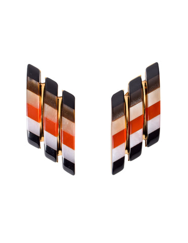 Vintage 1980s Italian Orange & Black Colorblock Resin Oversized Golden Earrings