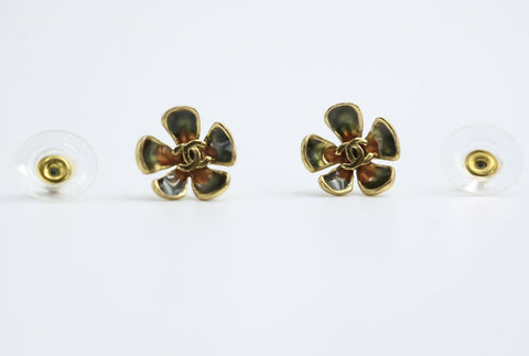 Chanel Vintage 03P Gold-plated Emerald Green and Red Flower Stud Earrings