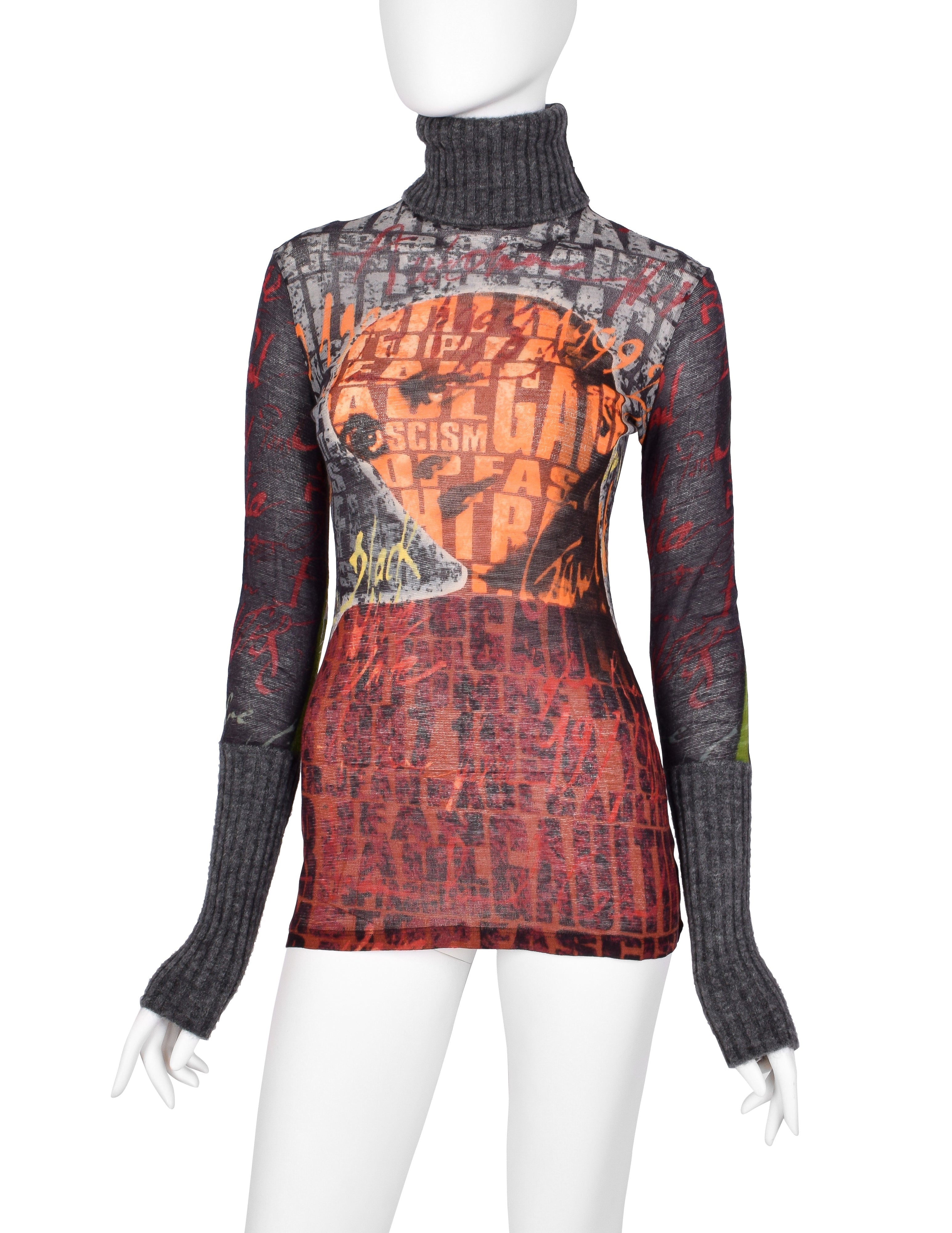 Jean Paul Gaultier Vintage AW 1997 'Fight Racism' Anti-Fascism Print Mesh Top