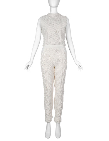 Jean Paul Gaultier Vintage AW 1985 Ivory Cotton Aran Knit Lace Up Back Top and Pant Set