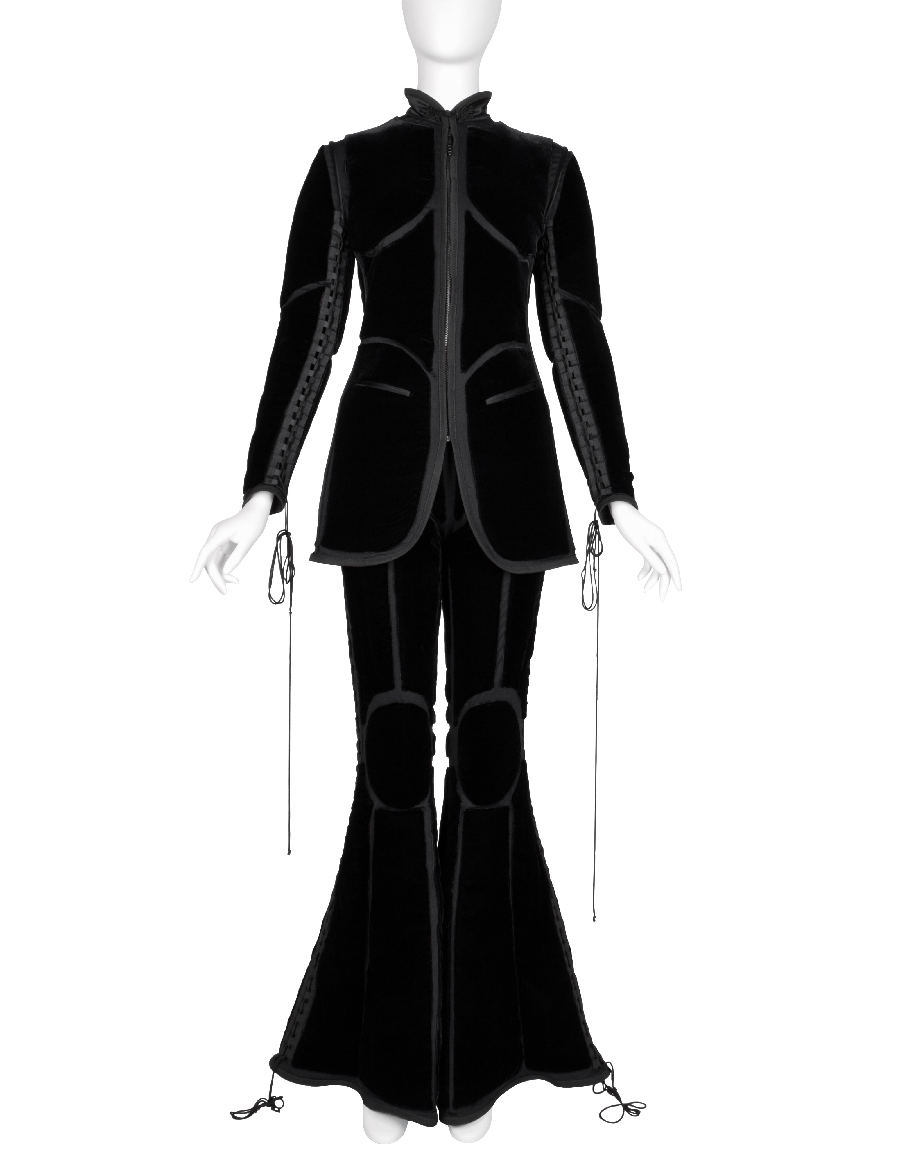 Jean Paul Gaultier Vintage AW 1996 Phenomenal Futuristic Black Velvet Jacket and Pant Ensemble