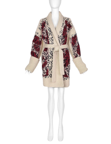 Jean Paul Gaultier Vintage AW 2002 Beige Burgundy and Grey Patterned Knit Oversized Belted Cardigan Sweater Coat