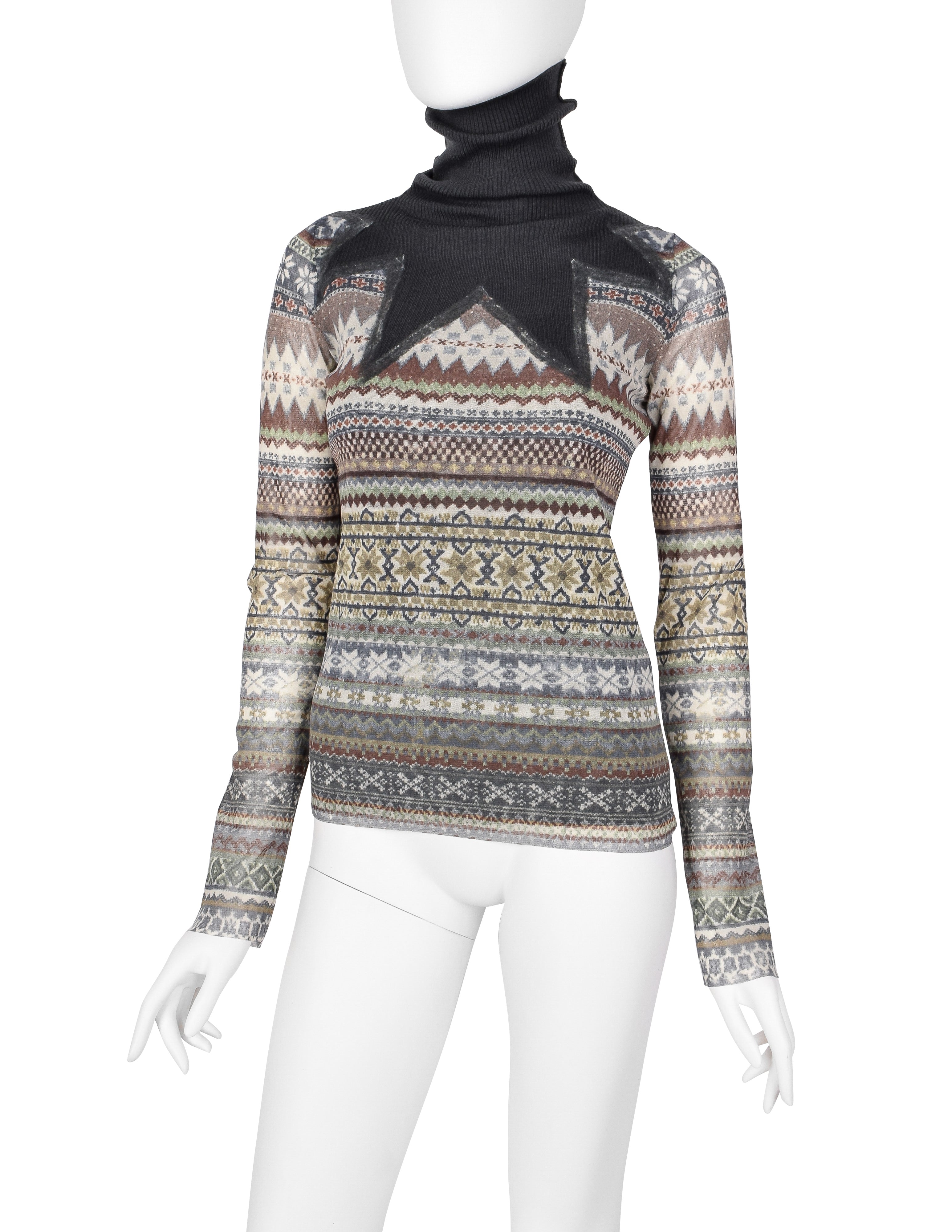 Jean Paul Gaultier Vintage AW 2008 Grey and Green Fair Isle Print Mesh Top