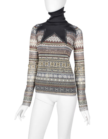 Jean Paul Gaultier Vintage AW 2008 Grey and Green Fair Isle Print Mesh Top
