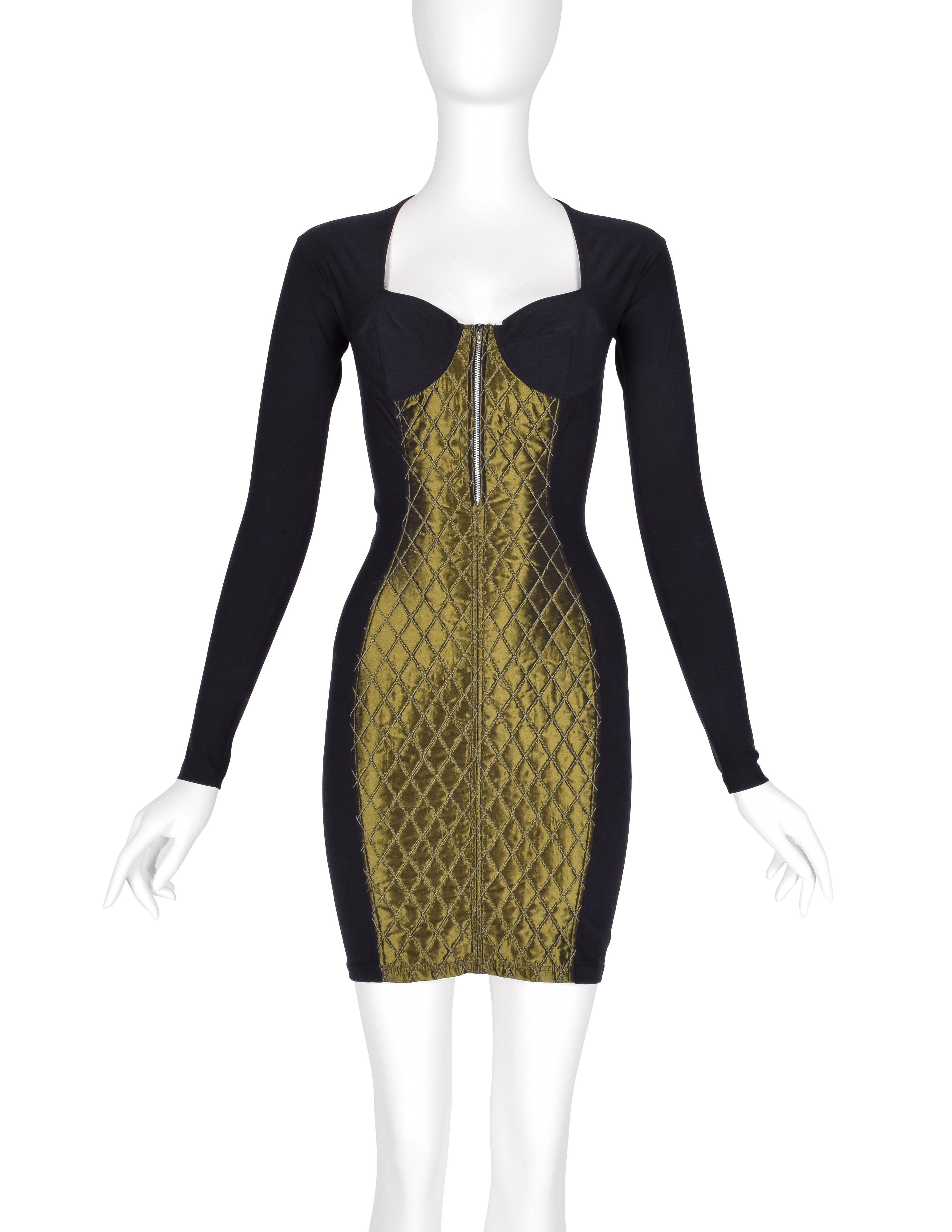Jean Paul Gaultier Vintage AW 1991 Black and Green Quilted Stretch Bustier Bodycon Mini Dress