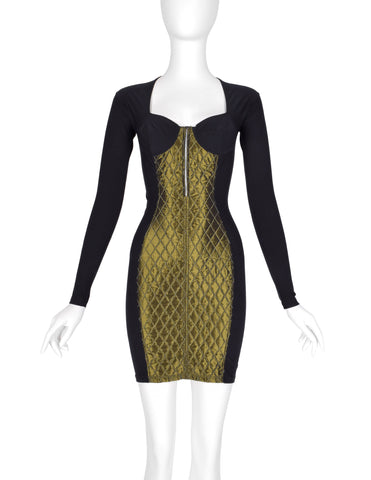 Jean Paul Gaultier Vintage AW 1991 Black and Green Quilted Stretch Bustier Bodycon Mini Dress
