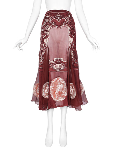 Jean Paul Gaultier Vintage AW 2007 Burgundy French Cherub Scenic Intarsia Knit & Sheer Mesh Skirt