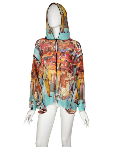 Jean Paul Gaultier Vintage SS 2003 Oversized Colorful Bollywood Print Hooded Mesh Top