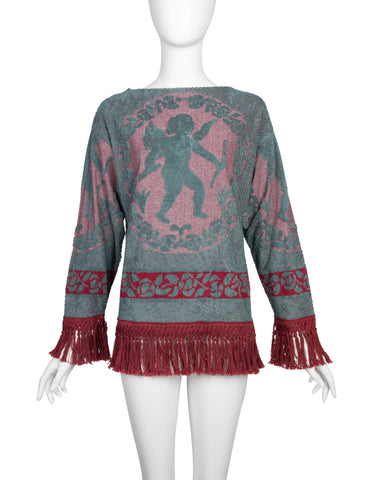 Jean Paul Gaultier Vintage AW 1986 Teal and Red Cherub Terrycloth Fringe Sweater