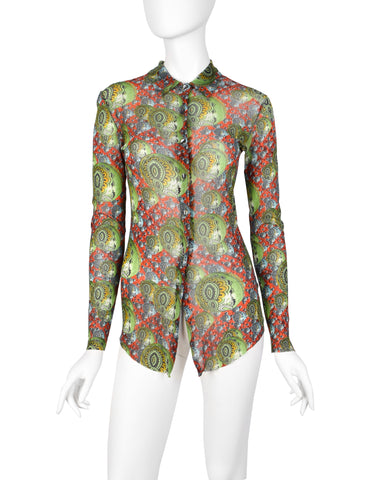 Jean Paul Gaultier Vintage AW 1996 Green Multicolor Psychedelic Print Mesh Button Up Shirt
