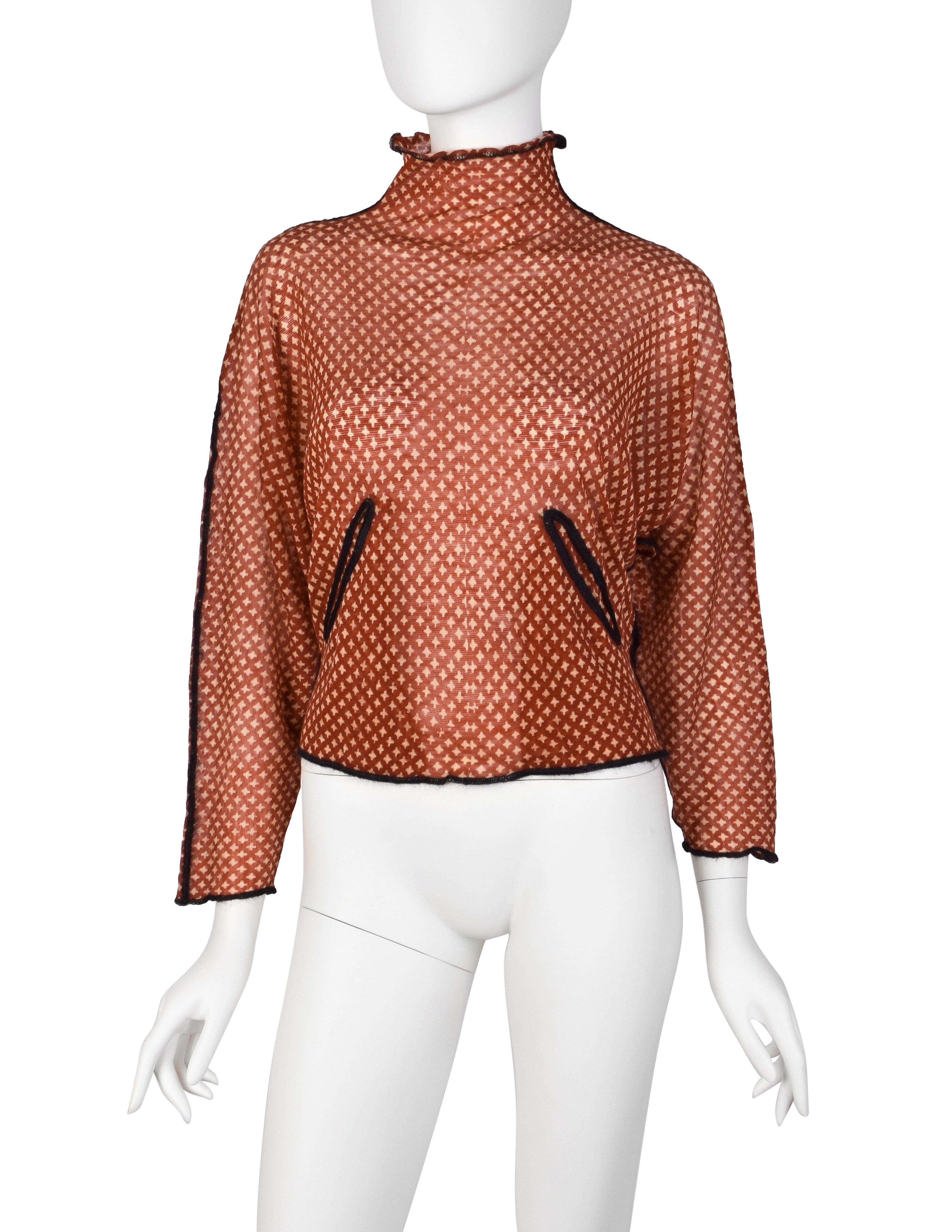 Jean Paul Gaultier Vintage AW 2000 Red Beige Star Print Sheer Wool Cropped Sweater