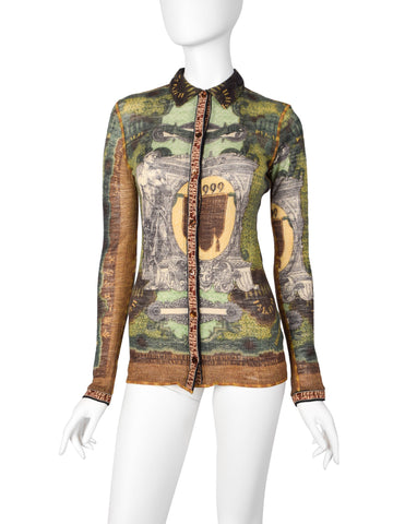 Jean Paul Gaultier Vintage AW 1999 Green Multicolor Currency Print Wool Button Up Shirt