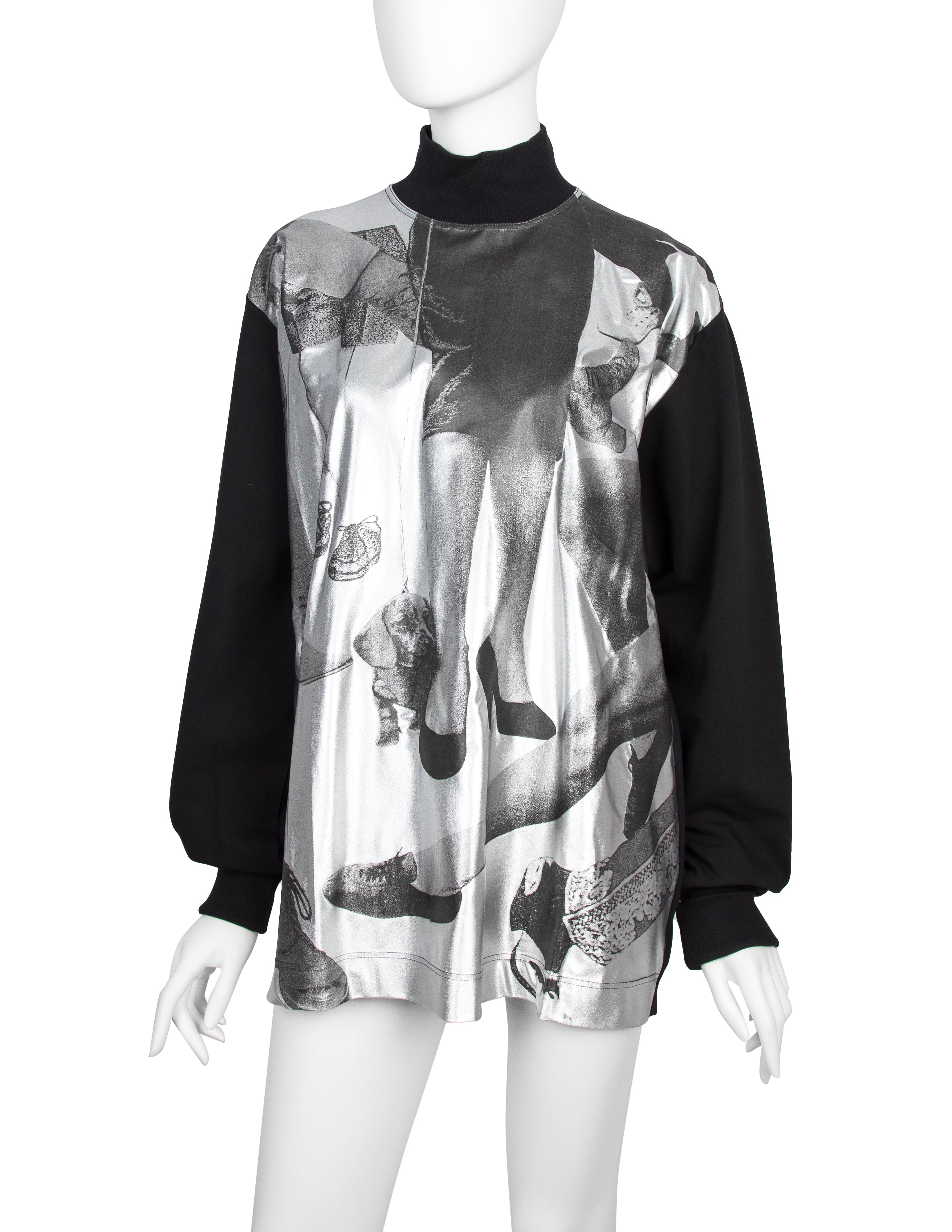 Jean Paul Gaultier Vintage AW 1992 Shoe & Leg Print Metallic Silver and Black Long Sleeve Shirt