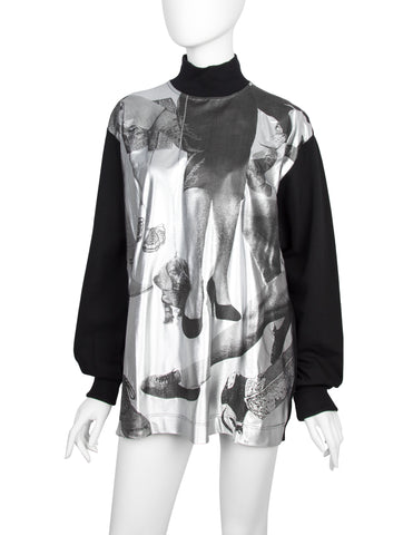 Jean Paul Gaultier Vintage AW 1992 Shoe & Leg Print Metallic Silver and Black Long Sleeve Shirt
