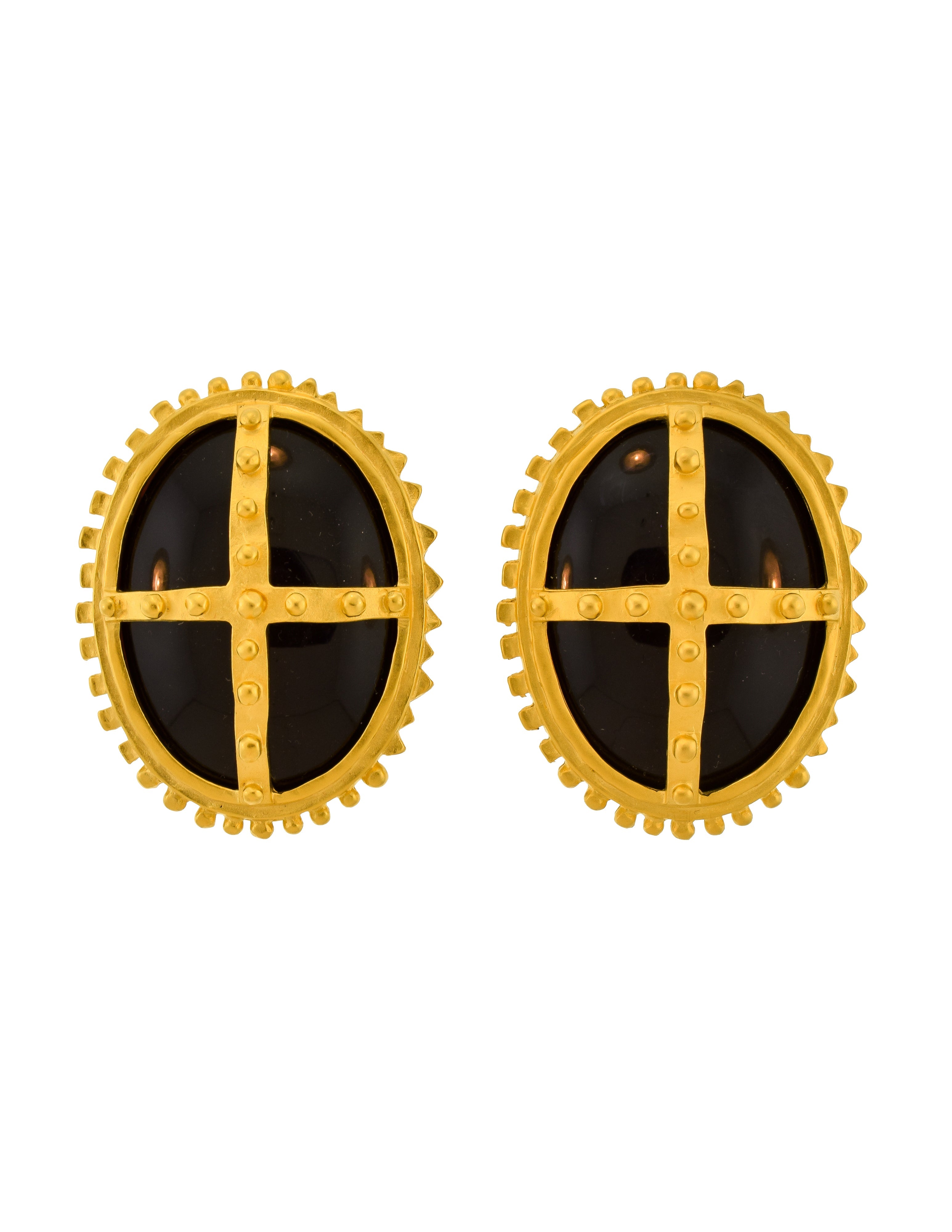 Karl Lagerfeld Vintage Massive Gold Bolted Framed Polished Black Cabochon Statement Earrings