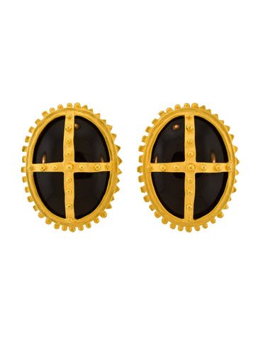 Karl Lagerfeld Vintage Massive Gold Bolted Framed Polished Black Cabochon Statement Earrings