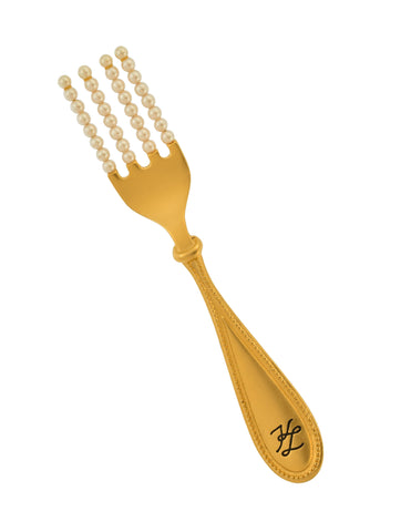 Karl Lagerfeld Vintage Phenomenal Pearl Adorned Golden Fork Statement Brooch