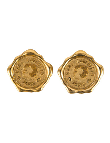 Karl Lagerfeld Vintage Massive Golden Wax Seal Motif Statement Earrings