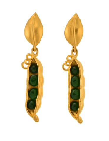 Karl Lagerfeld Vintage Golden Green Glass Pea Pod Dangle Statement Earrings