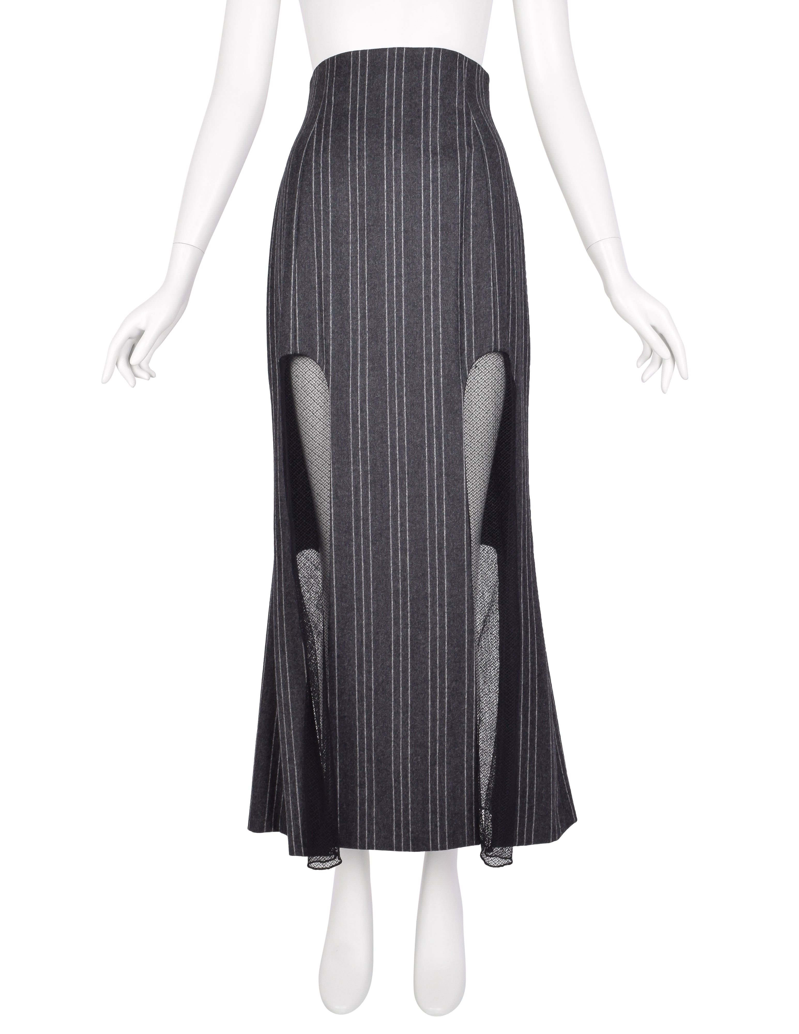 Karl Lagerfeld Vintage AW 1993 Grey Pinstripe Wool Mesh Panel Skirt