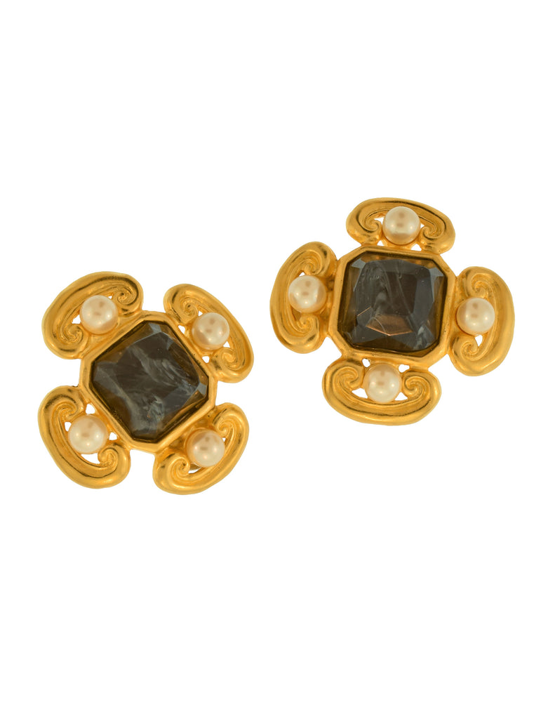 Karl Lagerfeld Vintage Marbled Glass & Pearl Golden Quatrefoil Earrings