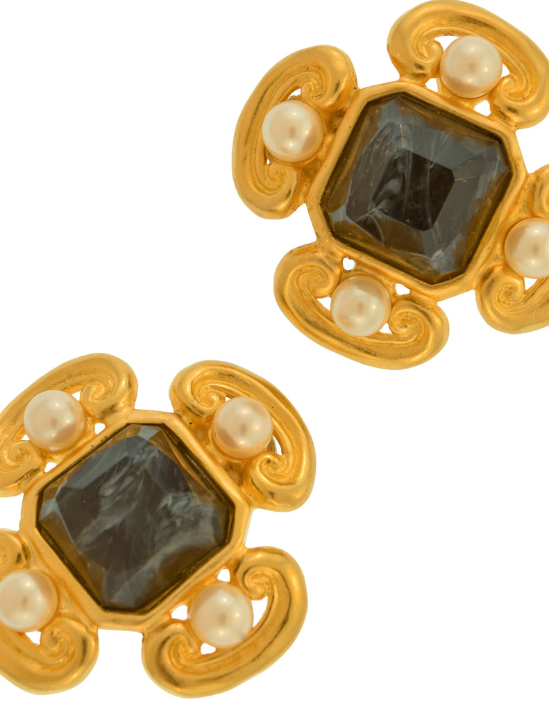 Karl Lagerfeld Vintage Marbled Glass & Pearl Golden Quatrefoil Earrings