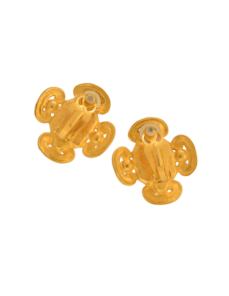 Karl Lagerfeld Vintage Marbled Glass & Pearl Golden Quatrefoil Earrings