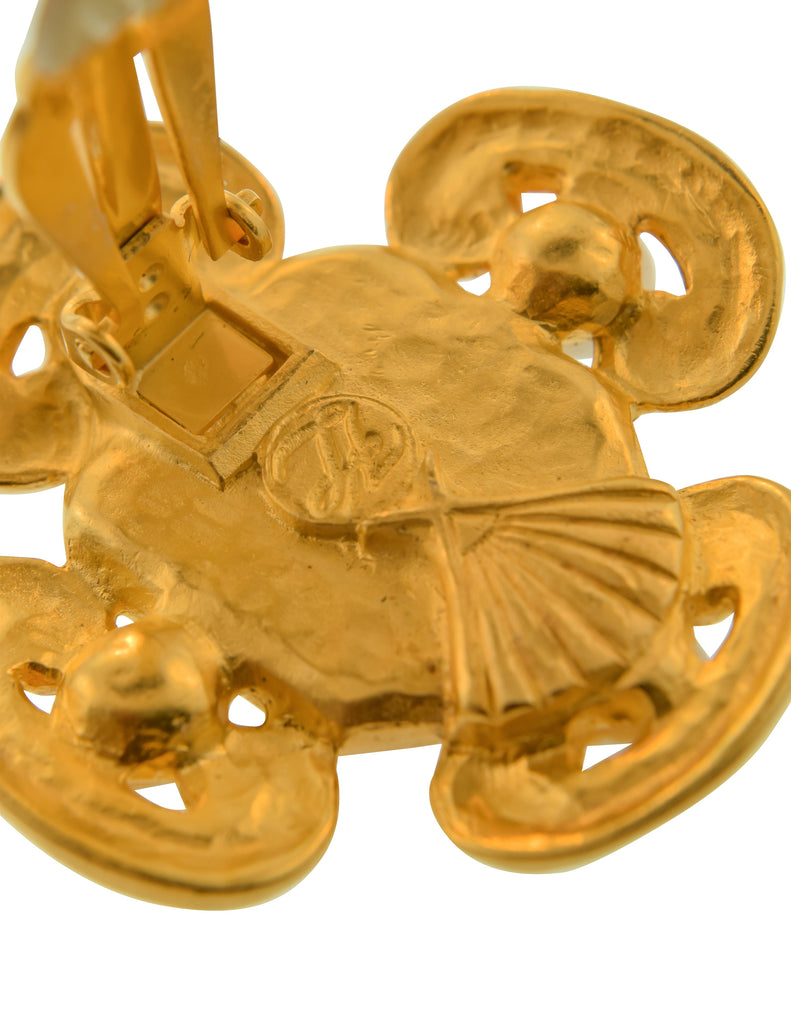 Karl Lagerfeld Vintage Marbled Glass & Pearl Golden Quatrefoil Earrings