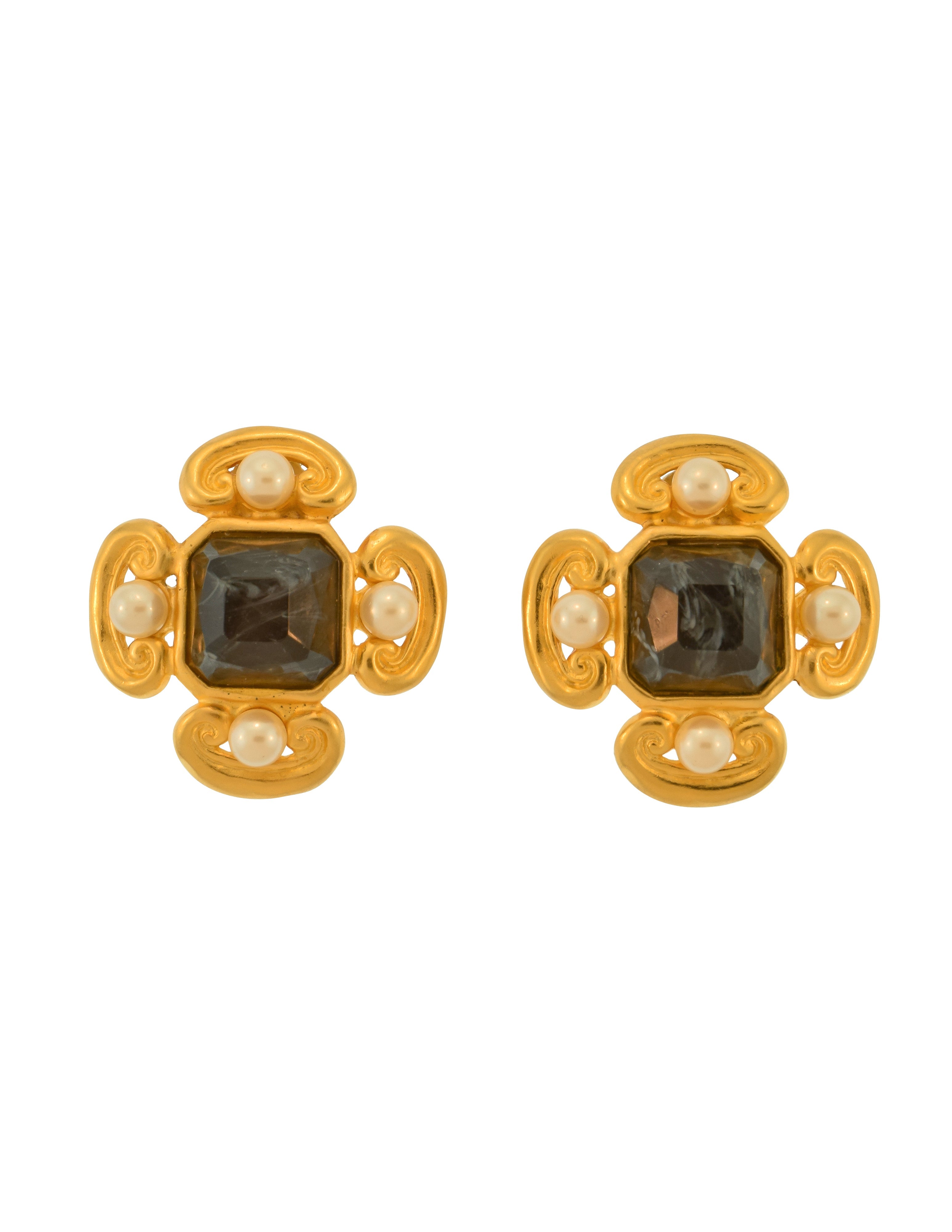 Karl Lagerfeld Vintage Marbled Glass & Pearl Golden Quatrefoil Earrings