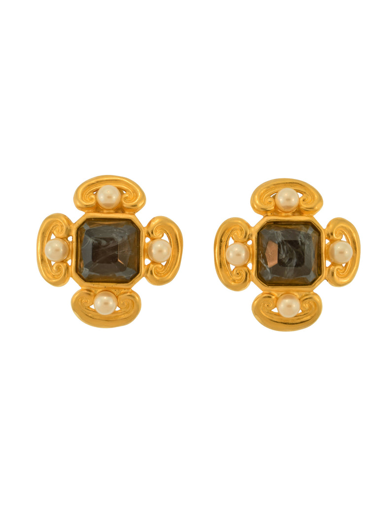 Karl Lagerfeld Vintage Marbled Glass & Pearl Golden Quatrefoil Earrings