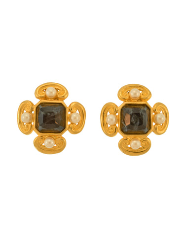Karl Lagerfeld Vintage Marbled Glass & Pearl Golden Quatrefoil Earrings