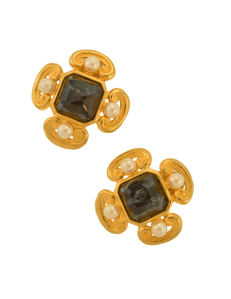 Karl Lagerfeld Vintage Marbled Glass & Pearl Golden Quatrefoil Earrings