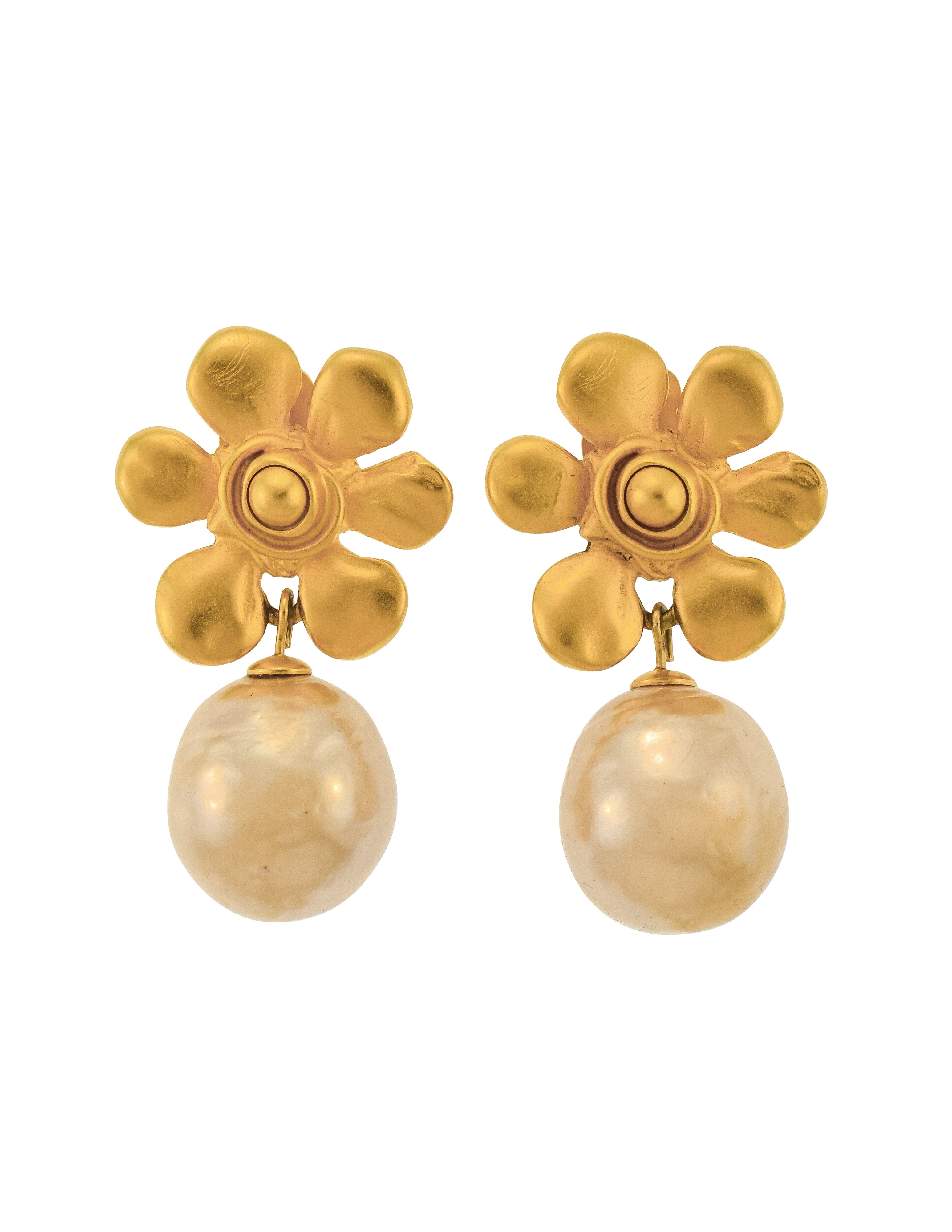 Karl Lagerfeld Vintage SS 1991 Golden Flower and Dangling Baroque Pearl Earrings
