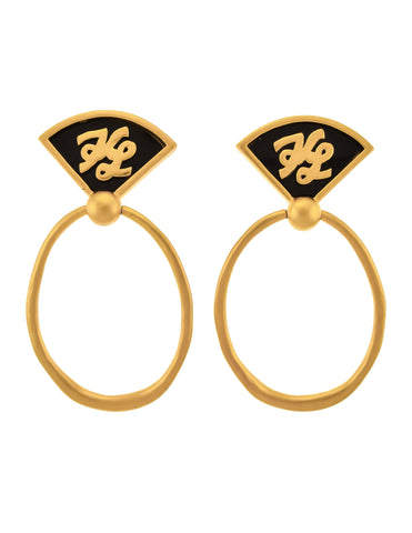 Karl Lagerfeld Vintage 1990s Massive Golden Satin Black Enamel Logo Doorknocker Earrings