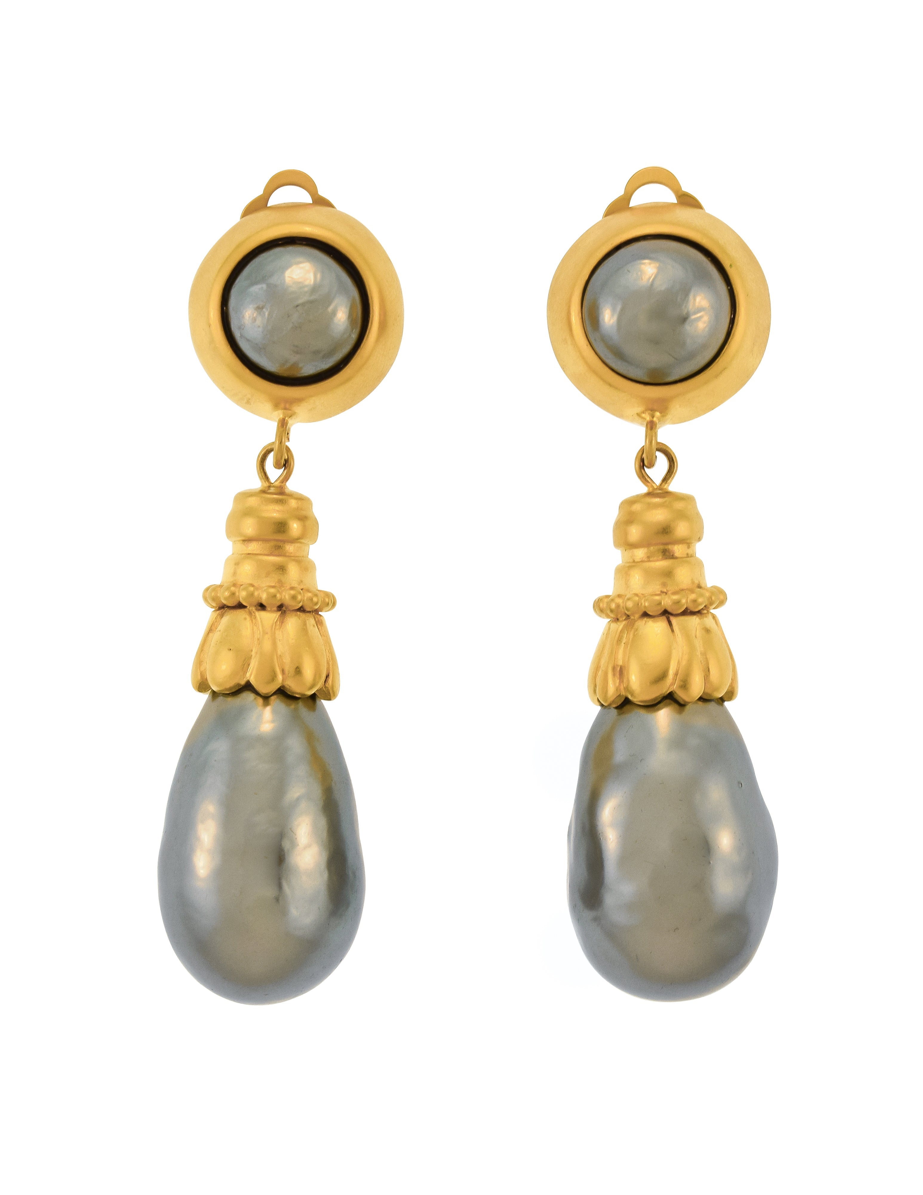 Karl Lagerfeld Vintage Bluish Grey Baroque Pearl Dangling Drop Earrings