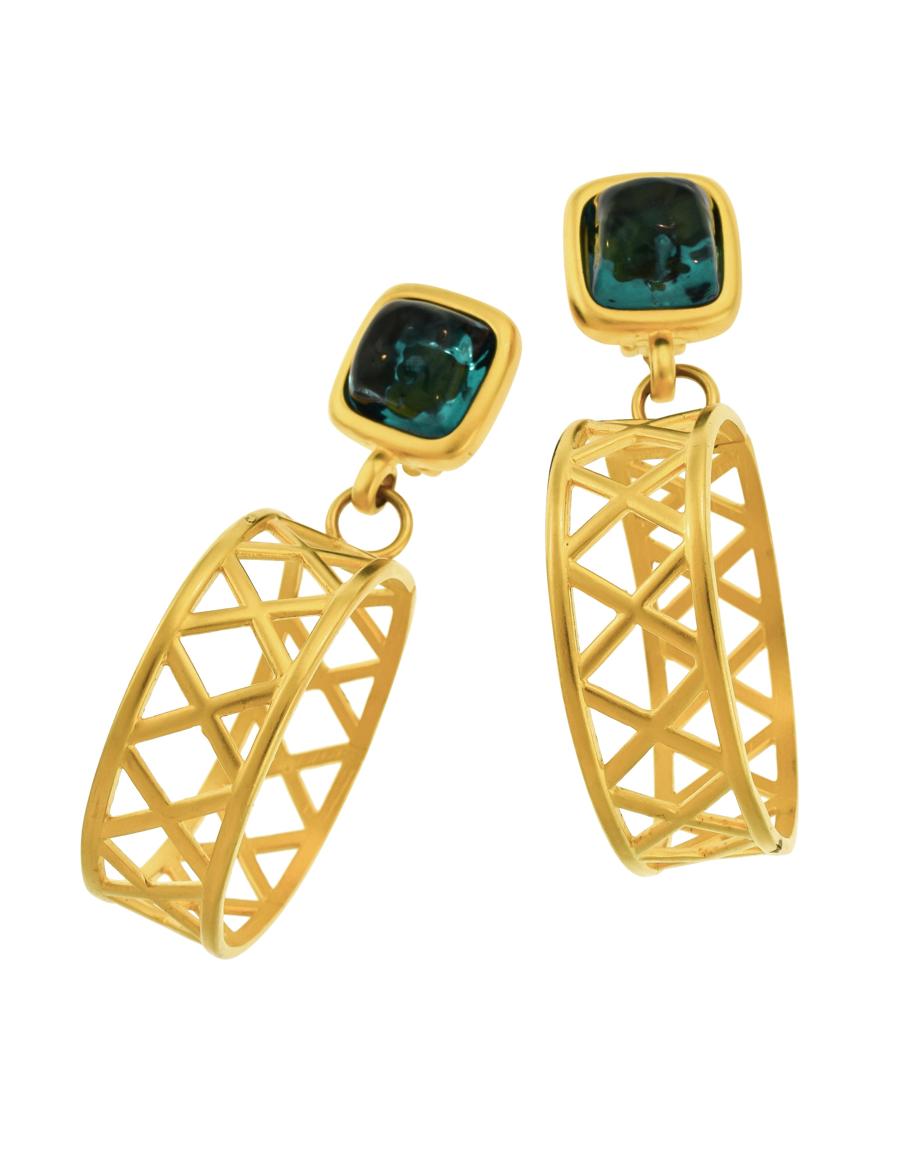 Karl Lagerfeld Vintage Gigantic Teal Gripoix and Dangling Golden Lattice Hoop Earrings