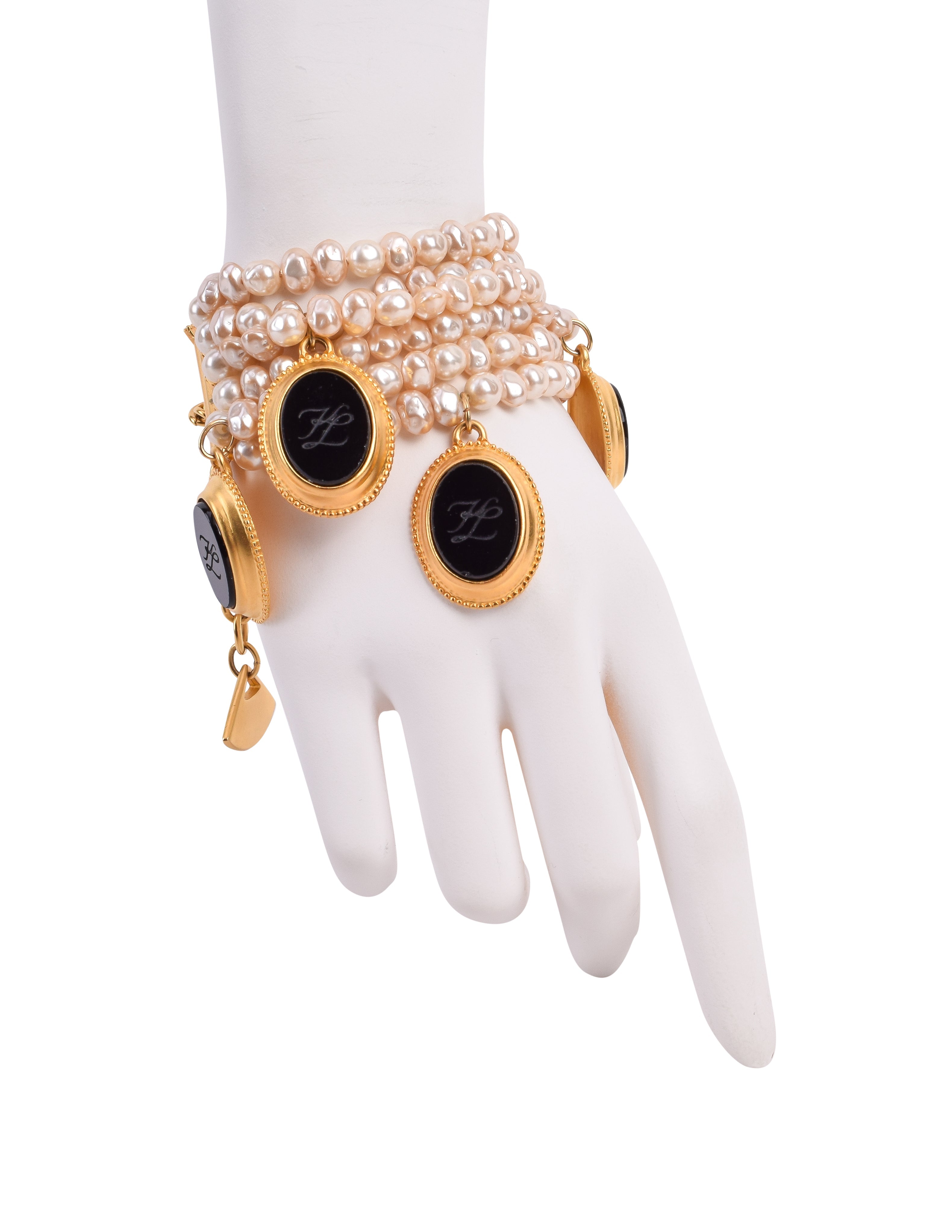 Karl Lagerfeld Vintage Incredible Multistrand Pearl and Dangling Cameo Bracelet