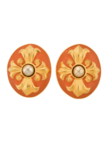 Karl Lagerfeld Vintage Massive Golden Fleur de Lis Coral Enamel Pearl Earrings