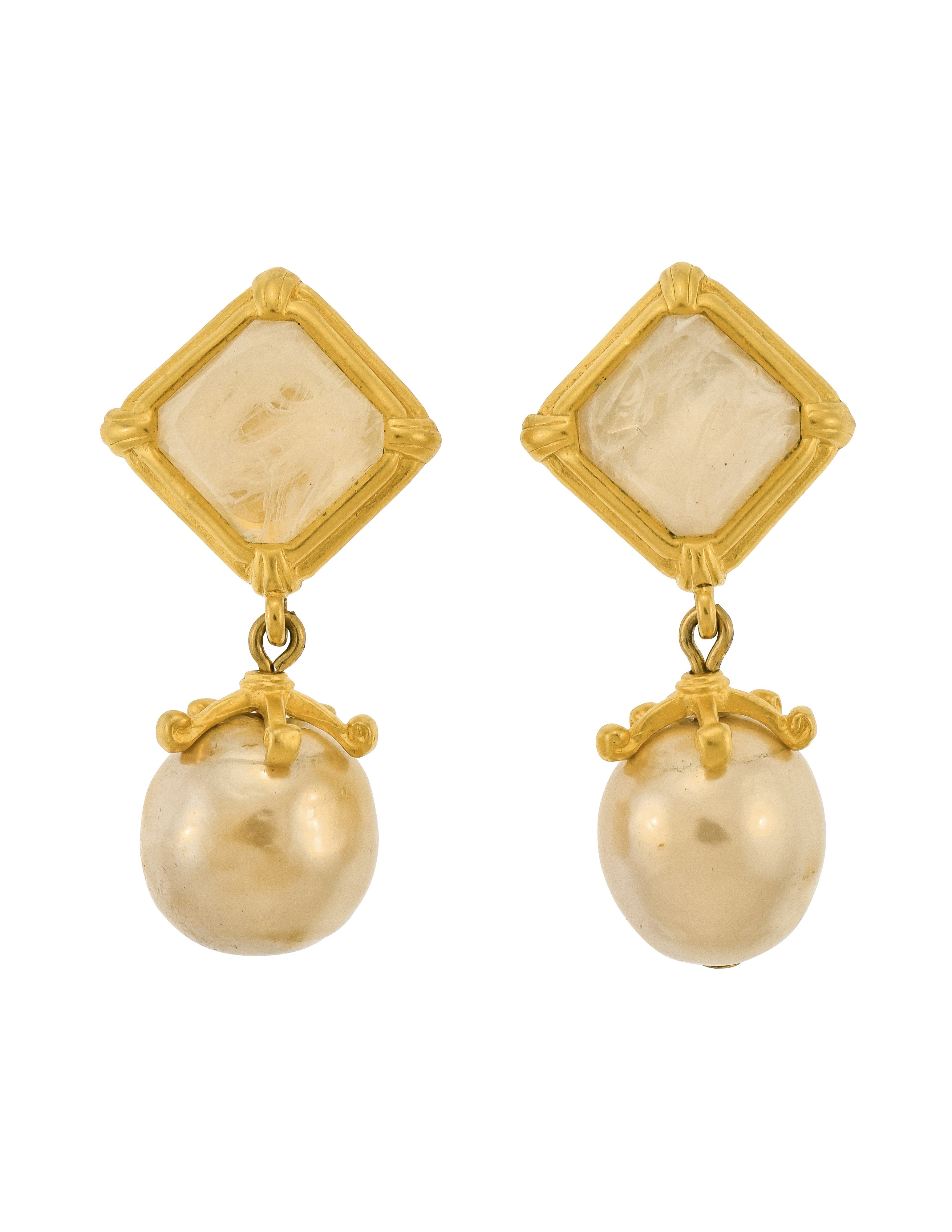 Karl Lagerfeld Vintage Golden Marbled Glass and Dangling Pearl Earrings