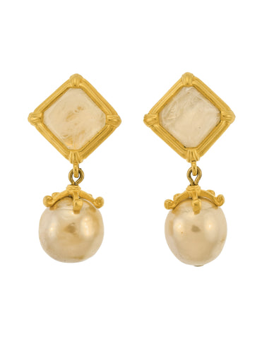 Karl Lagerfeld Vintage Golden Marbled Glass and Dangling Pearl Earrings