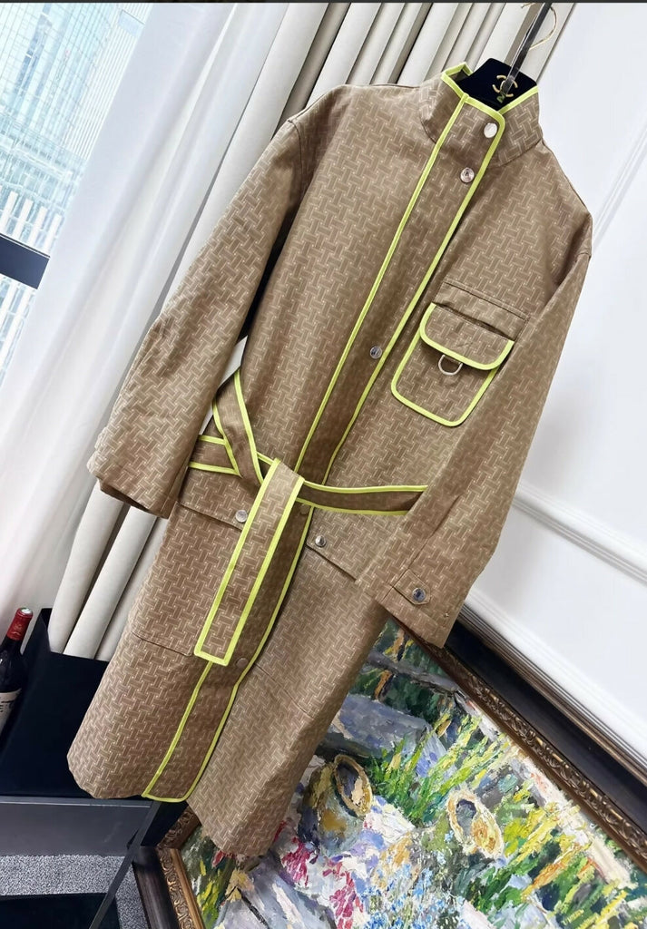 Hermes Khaki H pattern with fluorescent yellow long trench coat