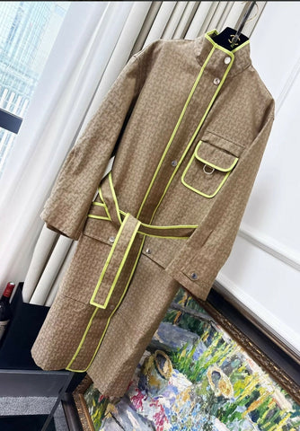 Hermes Khaki H pattern with fluorescent yellow long trench coat